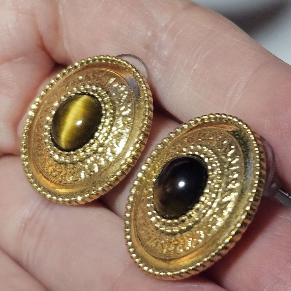 **Final Sale** Vintage 1928 Gold Tone Round Brown Tiger's Eye Earrings - Picture 2 of 12